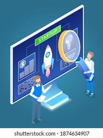 Empresarios que presentan la presentación de la startup explicando los detalles mostrados en la pizarra. Monitorear con cohetes e información. Hombre con lupa llevando a cabo una investigación. Hombre presentando ideas, vector