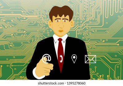Businessmen are pressing on future computer screens with circuit board background