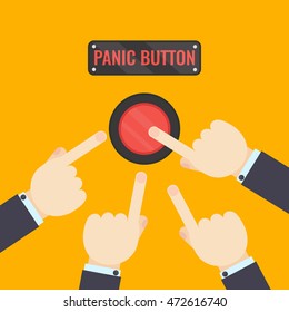 Businessmen pressing panic button on yellow background. Social media start up business concept. Vector illustration of a red emergency stop lever. Touch, push or press symbol.