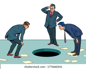 Businessmen and the problem. Finding the best solution. Pop art retro vector illustration kitsch vintage 50s 60s style