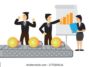 Businessmen production of ideas through analytics and data. Concept of innovation and creativity. Flat vector illustration.