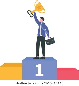 Businessmen proudly standing on competition winner platform.business competition and competitors concept

