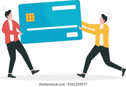 Businessmen pull plastic card in different directions. Married couple shares credit card, family budget. Сonflict over financial spending.

