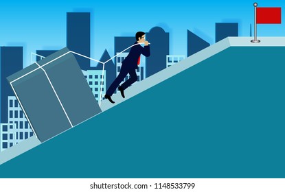 Businessmen pulling the concrete up the slope. go to the goal of financial business success and effort go to target growth. creative idea. leadership. vector illustration