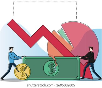 Businessmen pulling and fighting over money paper near a fractured coin vector concept, isolated in white and blue background with red arrow and business pie chart