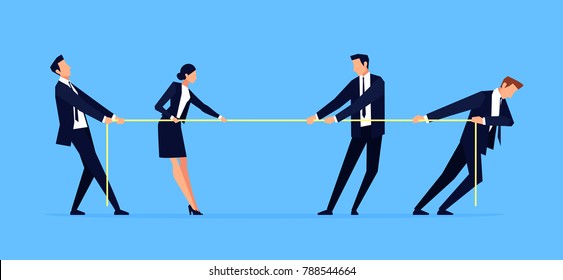 Businessmen are pulling rope. Business people in a flat style. Concept of competition. Banner design template. Vector illustration.