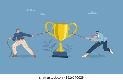 Businessmen pulling ropes competing to win a trophy, Competition for success or prize, Business competition or conflict, Fighting for trophies and success. Flat vector design illustration.
