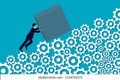 Businessmen push forward the concrete up the slope on gear ladder. go to the goal of financial business success and effort go to target growth. creative idea. leadership. vector illustration