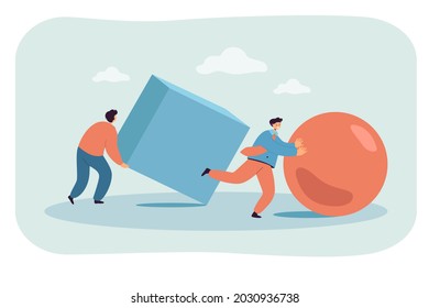Businessmen pushing abstract ball and cube in race. Flat vector illustration. Smart men competing for title of most efficient, creative, best employee. Goal, leadership, challenge, competition concept
