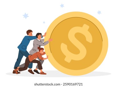 Businessmen pushing coin. Big gold money. Group of people rolling dollar. Financial investment. Business team earning finance. Teamwork success. Employees work together