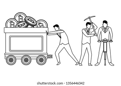 businessmen pushing mining cart with cryptocurrency black and white