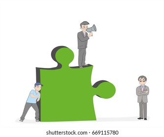 Businessmen are pushing the puzzle. Teamwork. Hand drawn cartoon vector illustration for design and infographic.