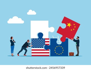 Businessmen pushing three jigsaw puzzle China, USA and European Union flags. Symbol of working together, cooperation, partnership. Vector illustration in flat style.