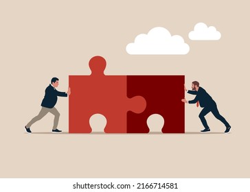 Empresarios empujando dos elementos del rompecabezas. Concepto de negocio. Metáfora de trabajo en equipo. Símbolo de trabajo conjunto, cooperación, asociación. Ilustración vectorial en estilo plano.