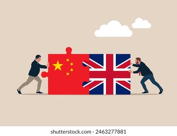 Businessmen pushing two jigsaw puzzle China and Great Britain flags. Symbol of working together, cooperation, partnership. Vector illustration in flat style.