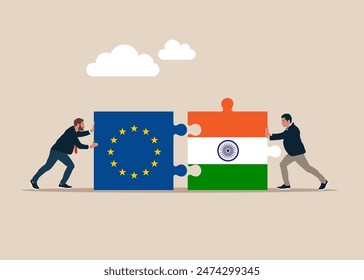 Businessmen pushing two jigsaw puzzle Indian and European Union flags. Working together, cooperation, partnership. Vector illustration in flat style.