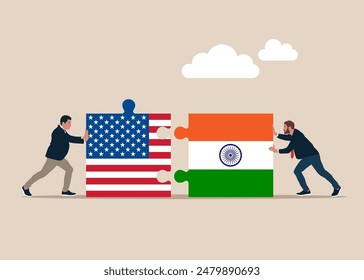 Businessmen pushing two jigsaw puzzle Indian and USA flags. Working together, cooperation, partnership. Vector illustration in flat style.