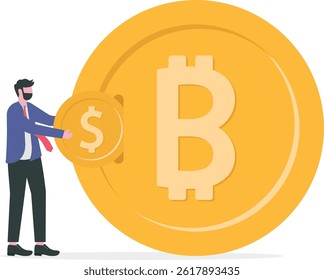 businessmen put dollar coin exchanges for bitcoin. flat design.bitcoins, altcoins, finance, digital money market, cryptocurrency,coins Vector illustration.

