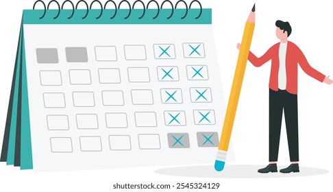 Los empresarios ponen las vacaciones en el calendario para hacer de la empresa una semana laboral de 4 días. Reduzca la jornada laboral para aumentar la eficiencia y la productividad, una jornada laboral flexible en beneficio de los empleados. Vector plano ilustra