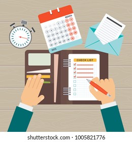 Businessmen put marks in the checklist. Office planning and management. Flat vector cartoon illustration. Objects isolated on white background.