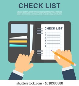 Businessmen put marks in the checklist. Office planning and management. Flat vector cartoon illustration. Objects isolated on white background.