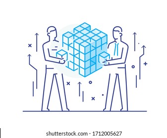 businessmen put together a complex structure. Joint efforts, success, union. Vector illustration Eps 10 file. Success Cooperation. line icon illustration