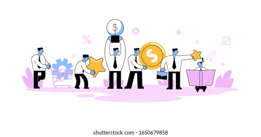 Empresarios poniendo el conocimiento en la cabeza de un joven. Educación, aprendiz, pasantías, crecimiento personal. Dibujo vectorial plano de caricatura. Aislado sobre fondo blanco.