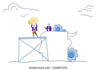 businessmen putting light lamp human head silhouette gear wheels brainstorming process generate new idea teamwork concept horizontal sketch doodle vector illustration