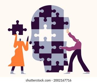 Businessmen putting together puzzle pieces. The concept of brainstorming, project planning and business processes. Work organization management banner, internet landing page. Business solution.