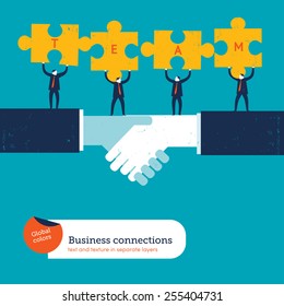 Businessmen with puzzle pieces with the word team. Vector illustration Eps10 file. Global colors. Text and Texture in separate layers.