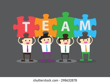 businessmen with puzzle pieces with the word team. Vector illustration. Jigsaw. business idea concept. teamwork
