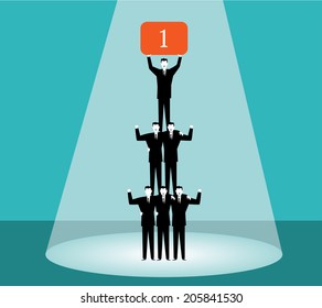Businessmen pyramid holding a number one card.