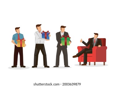 Businessmen Queue To Give Gifts To Client. Accept Bribe Gift. Concept Of Corruption And Bribery. Vector Flat Isolated Illustration.