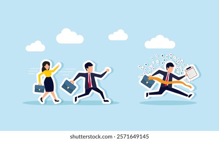 Businessmen race to the finish line, but the winner is the one carrying a to-do list board, illustration of competition in completing assigned jobs