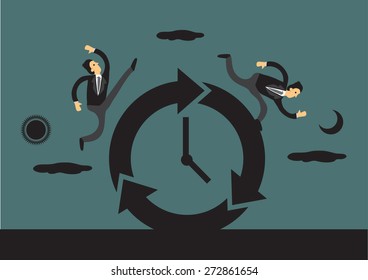 Businessmen racing against time around a clock with sun and moon in the background representing day and night. Creative vector illustration for business and time concept.