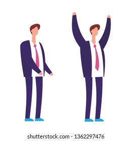 Businessmen raise hands up and hands down. Flat vector illustration for employment and recruitment concept