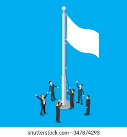 Businessmen raising white empty flag on flagpole flagstaff flat 3d isometry isometric business politics truce armistice concept web infographics vector illustration. Creative people collection.