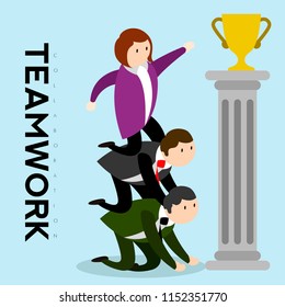 Businessmen reaching a golden trophy. Teamwork