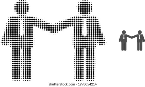 Businessmen relations halftone dotted icon illustration. Halftone pattern contains circle dots. Vector illustration of businessmen relations icon on a white background.