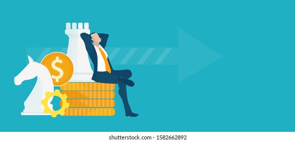 Businessmen relaxing after making a good deal. Businessmen sitting on the golden coins after finishing a chess game. Winner concept, professional in finance industry character 