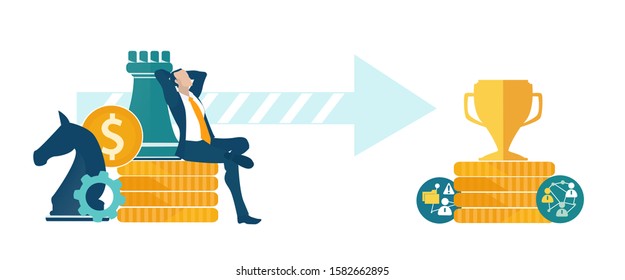 Businessmen relaxing after making a good deal. Businessmen sitting on the golden coins after finishing a chess game. Winner concept, professional in finance industry character 