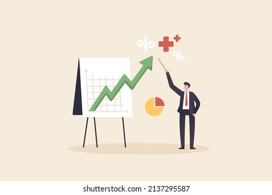 Businessmen report annual profits or earnings from investments. Business presentation, professional speaker to present work progress or investment portfolio concept.