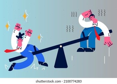 Businessmen ride balance on children swing show balance in business. Male employees or colleagues compete for leadership. Rivalry and competition in office. Flat vector illustration. 