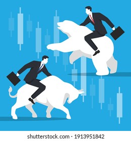 Businessmen ride on bull and bear in stock market trading concept. simple stock trading trendy flat style, business and investment, stock exchange.