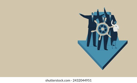 Businessmen are riding on arrow. At the front there is a man at the helm.