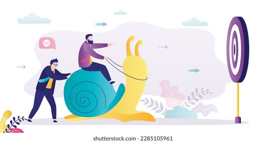 Businessmen riding sluggish snail trying to reach target. Entrepreneurs slowly moving towards goal. Slow business progress. Recession, economic crisis. Stupid boss, mistake. flat vector illustration