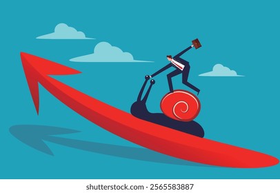 businessmen riding a snail climbing upward arrows