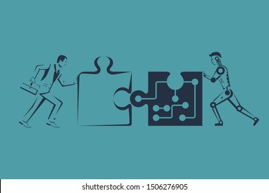 Businessmen and robot connecting puzzle elements. Vector illustration flat style design. Combining two pieces. Symbol of working together, cooperation, partnership. Business concept. Teamwork metapho