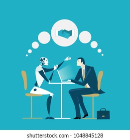 Businessmen and robot having discussion. Future reality, artificial intellect. Humans vs robots.