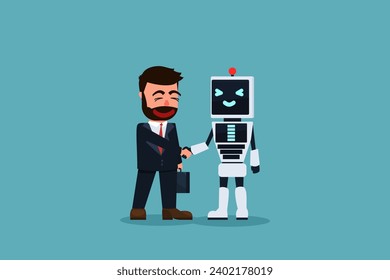 Businessmen and robot join hands to make a deal to make the business successful. Working with robots or using technology tools to help businesses grow. Vector illustration in cartoon style